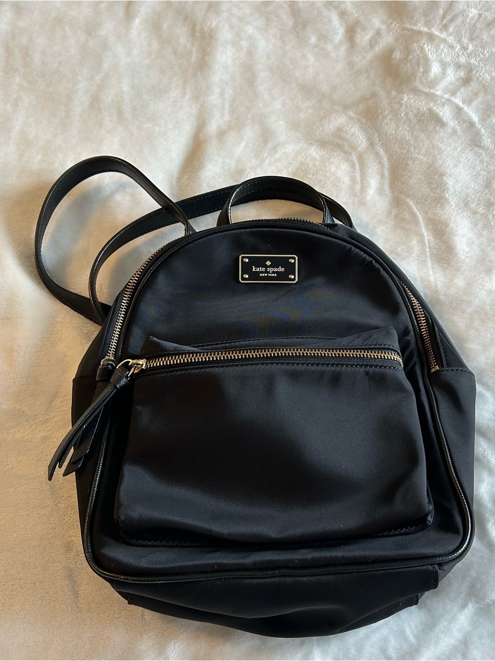 Kate Spade black mini nylon backpack gold hardware front pocket adjustable strap